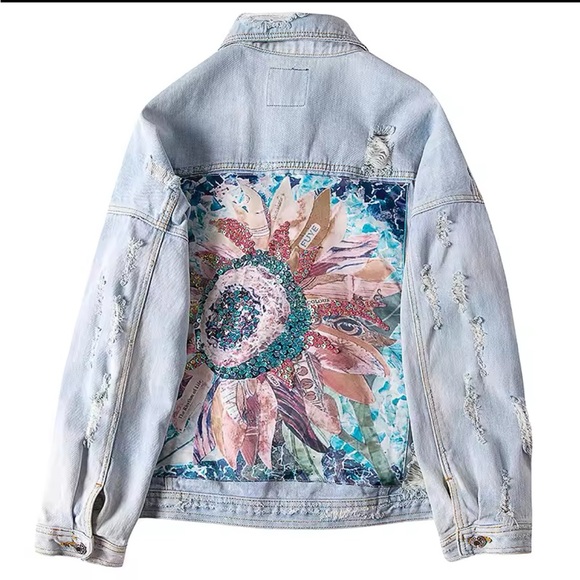 Denim bohemian sunflower flower floral embroidered embellished denim jacket coat - Picture 9 of 12
